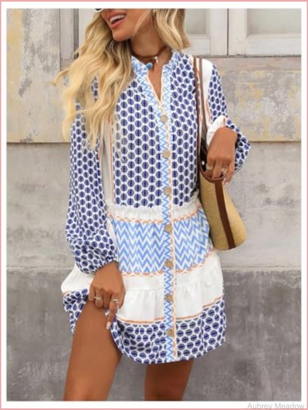 Women's Smocked Mini Dress Flowy Long Sleeve Button Front V Neck Ruffle Hem - Picture 4 of 5